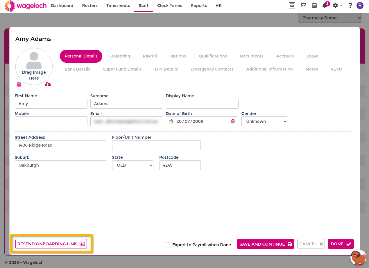 Send onboarding from staff record