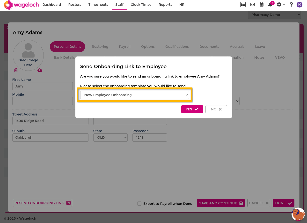 Send onboarding from staff record