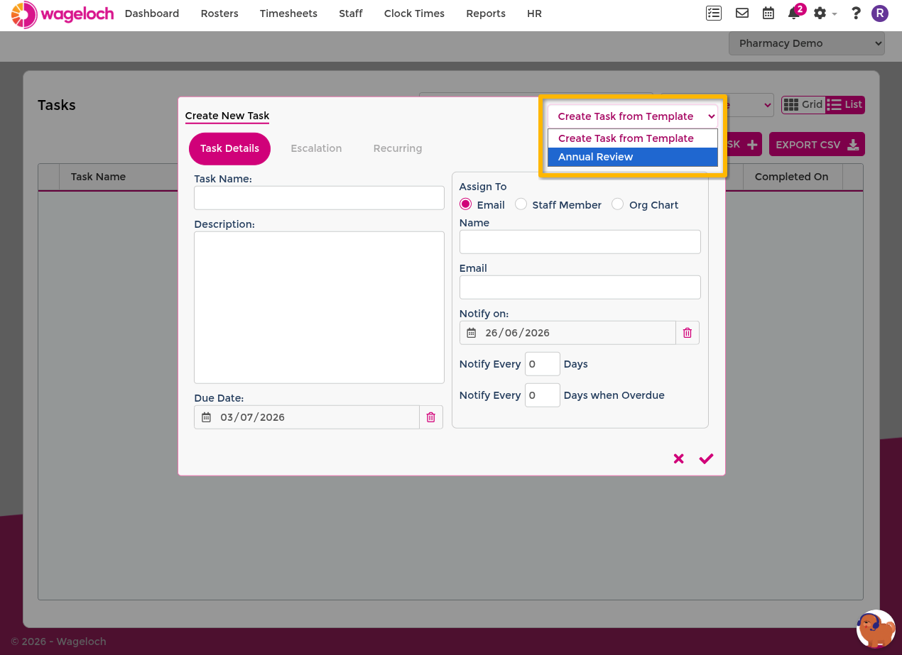 Create a task from a template