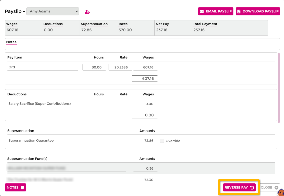 Reverse Pay button on a submitted payslip