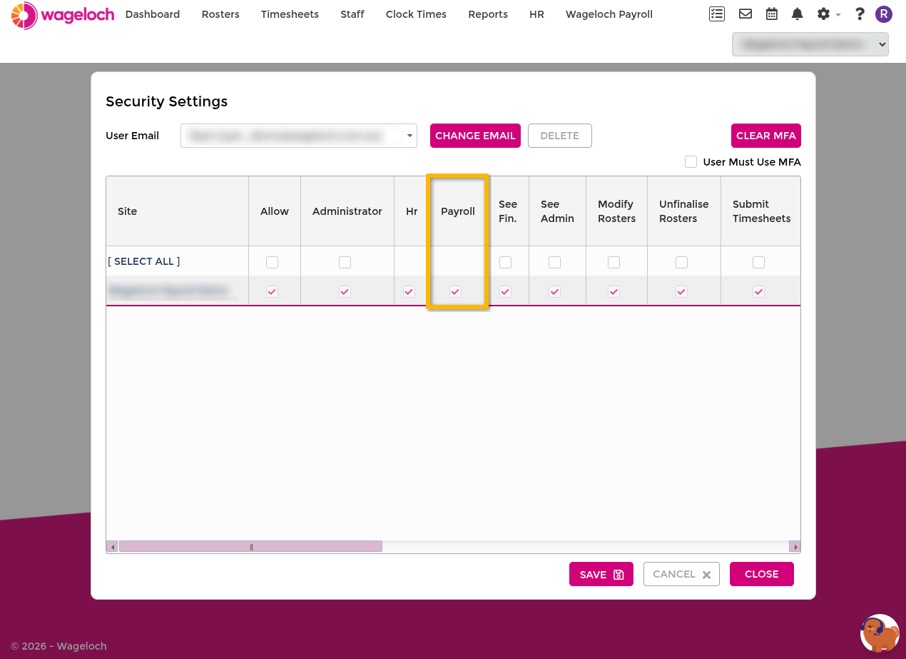 Enable payroll access in security settings