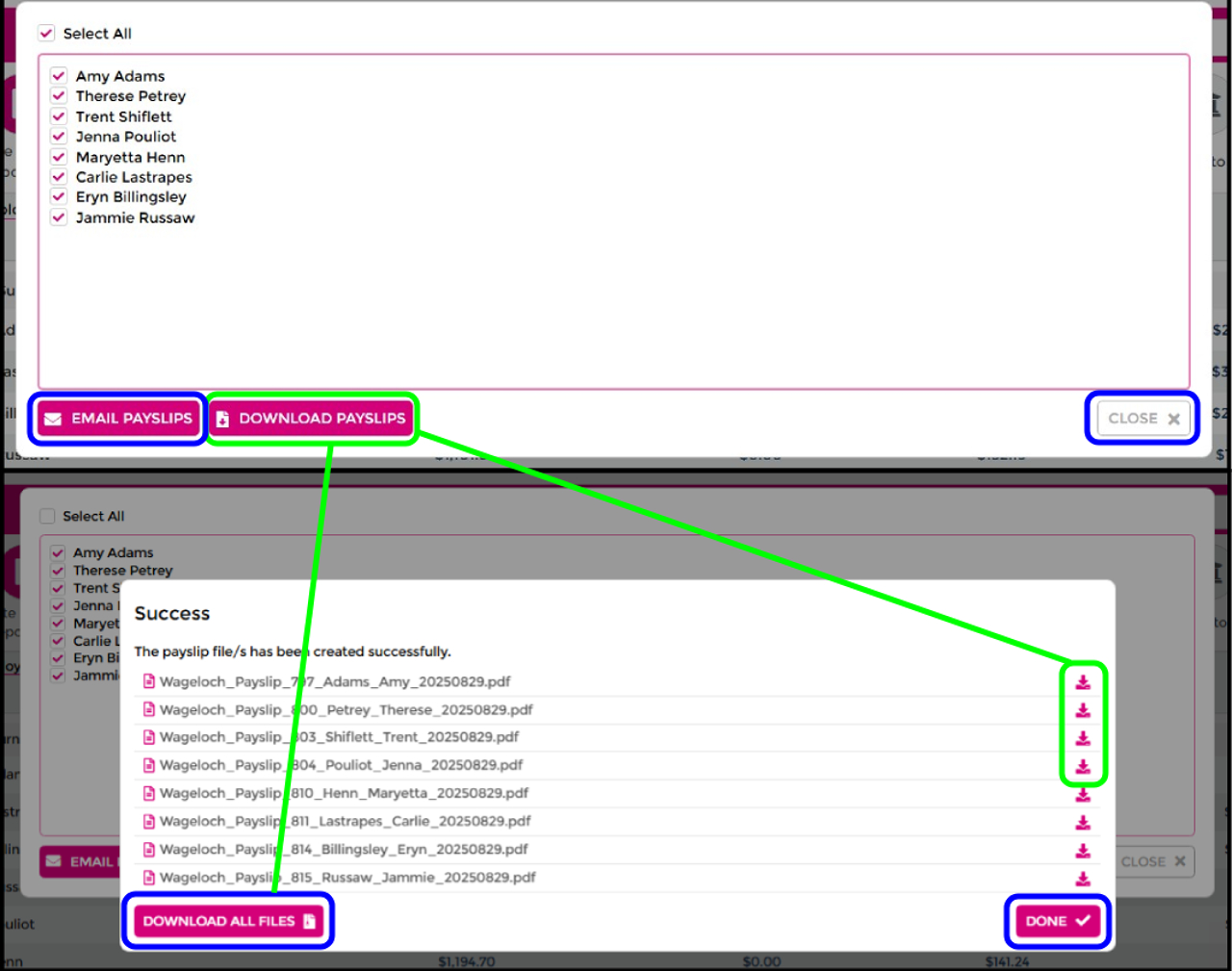 Select staff and download payslips