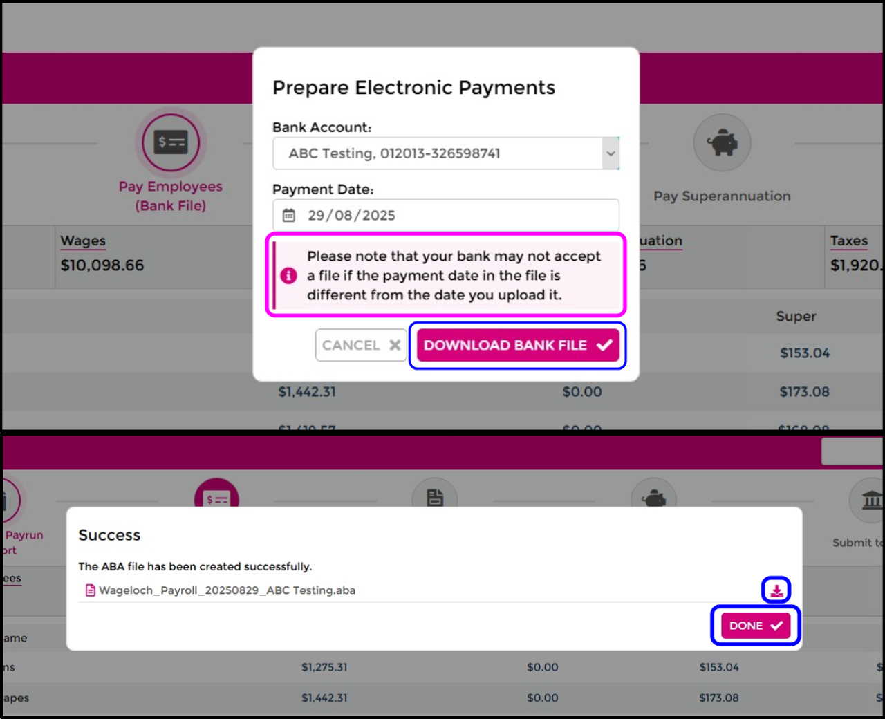 Prepare Electronic Payments dialog