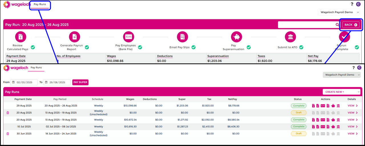 Pay Runs history list