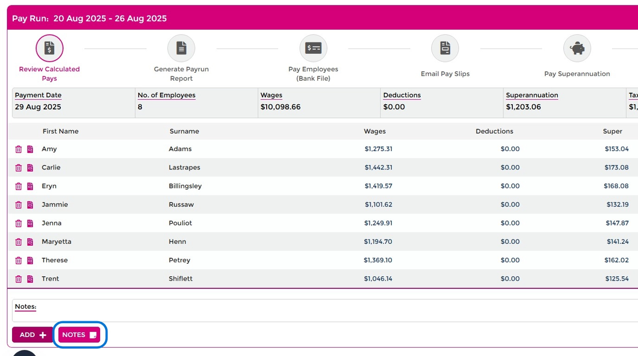 Pay run Notes field