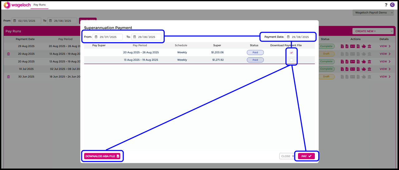 Superannuation Payment dialog