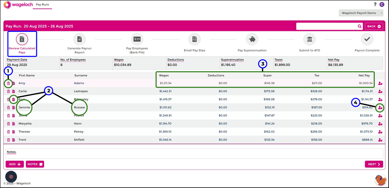 Review Calculated Pays screen