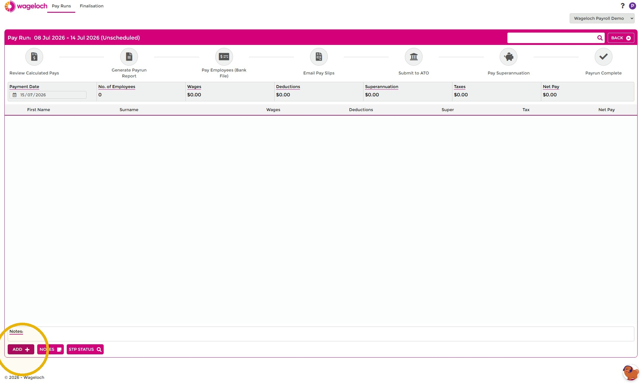 Add button on an empty unscheduled pay run