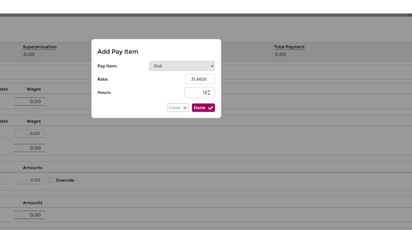 Add Pay Item dialog