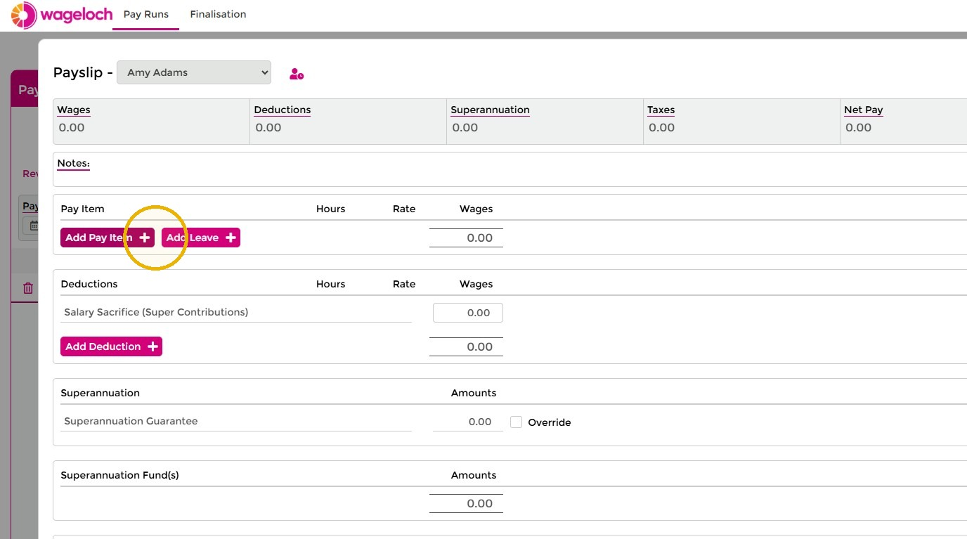 Add Pay Item and Add Leave buttons