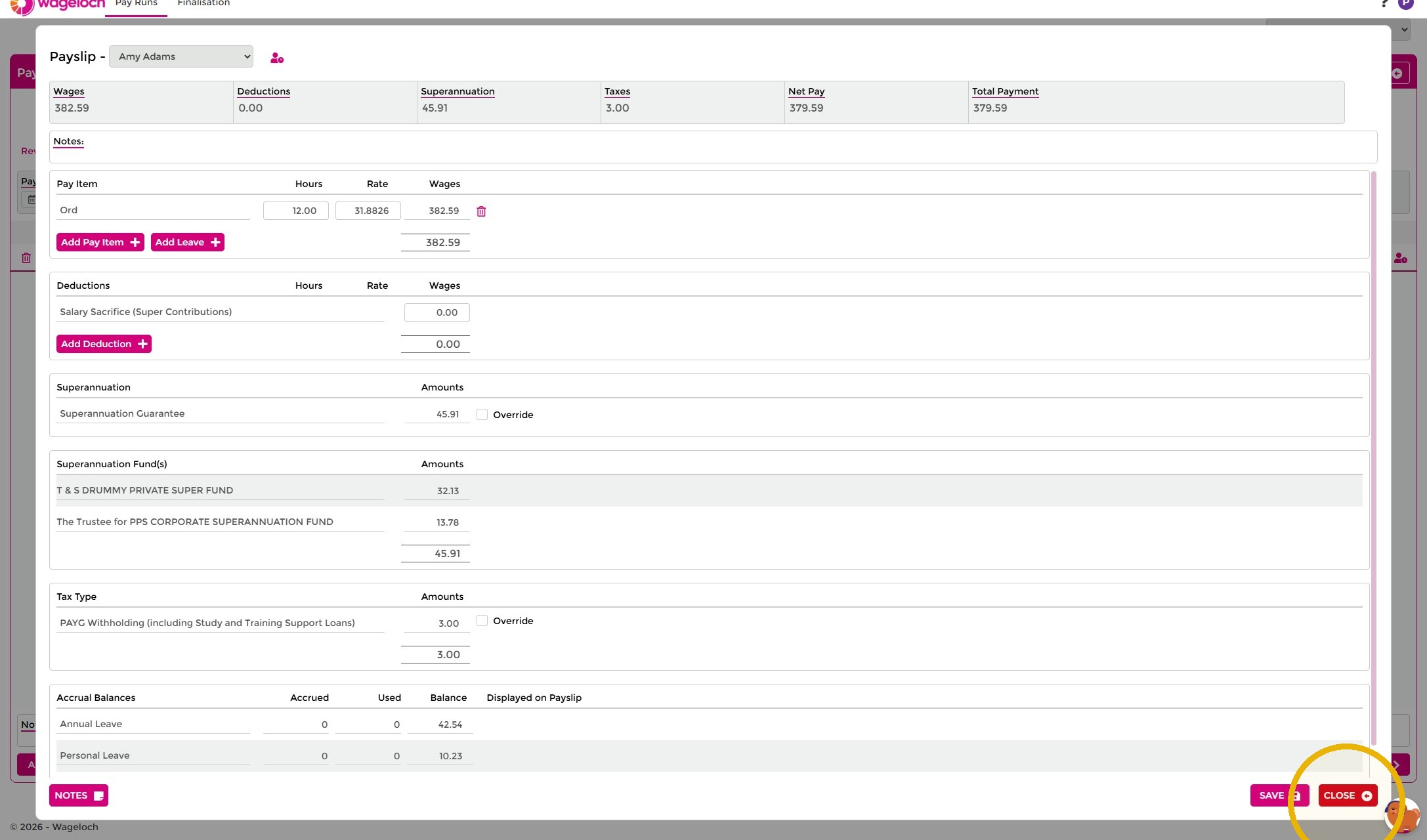 Completed payslip in an unscheduled pay run
