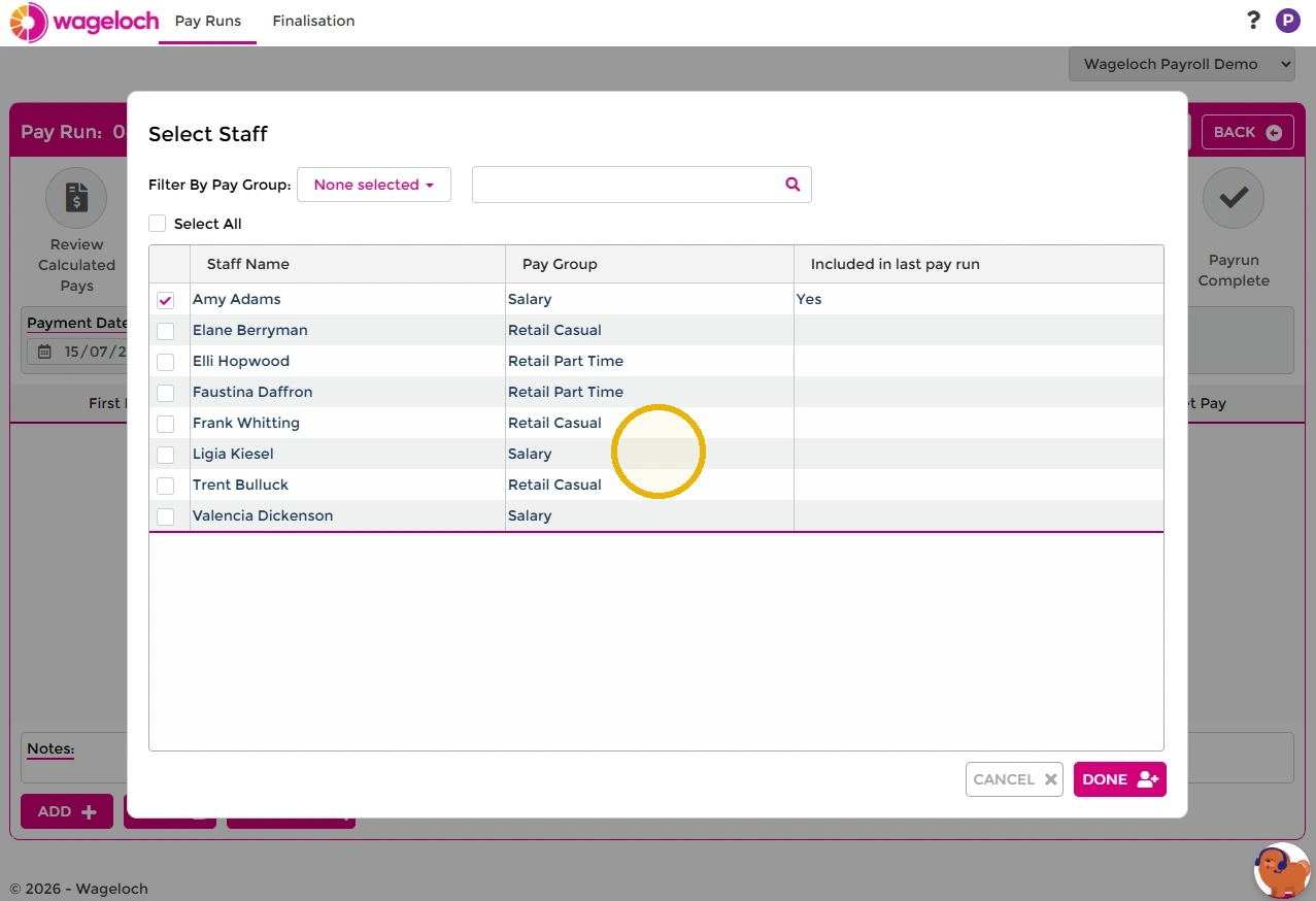 Select Staff dialog