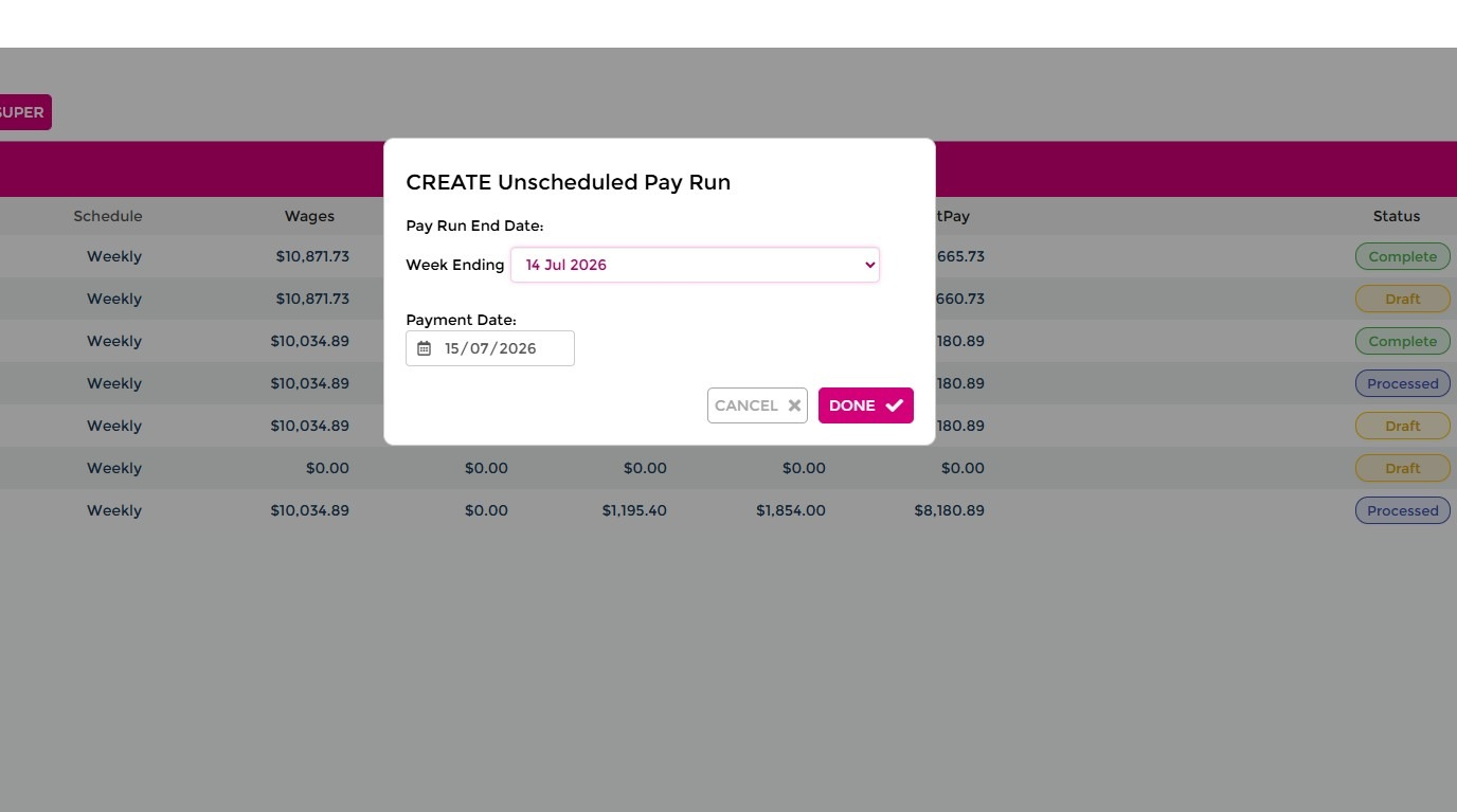 Create Unscheduled Pay Run dialog
